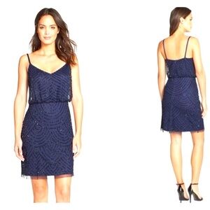 Adrianna Papell Sequin Mesh Blouson Dress Navy/Black size 2
